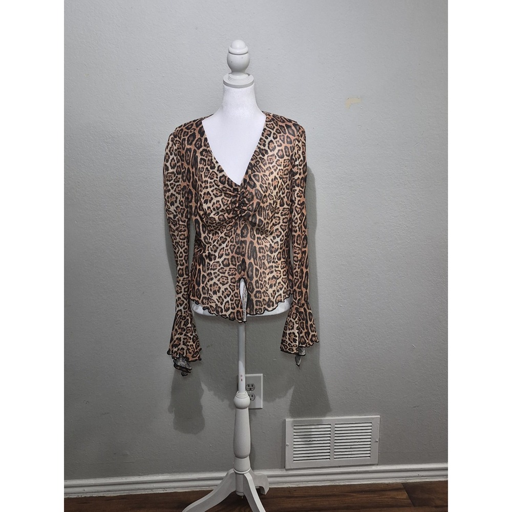 Alberto Makali Leopard Print Buckle Top L Brown Animal V-Neck Long Sleeve Blouse